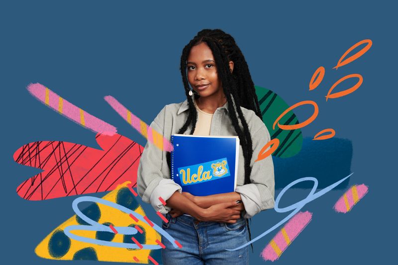 Be Well Bruin home page UCLA Student Holding Folder on Stylized Background